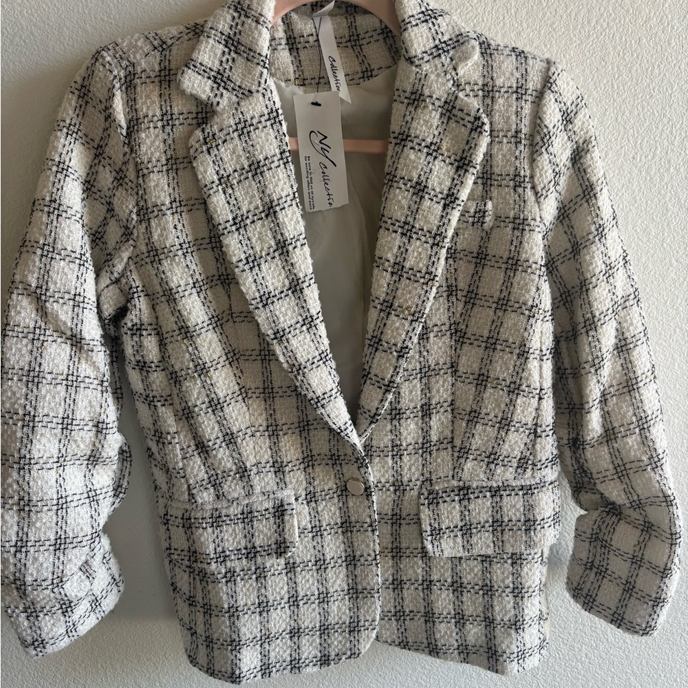 NY Collection Cream and Black Plaid Tweed Blazer Jacket